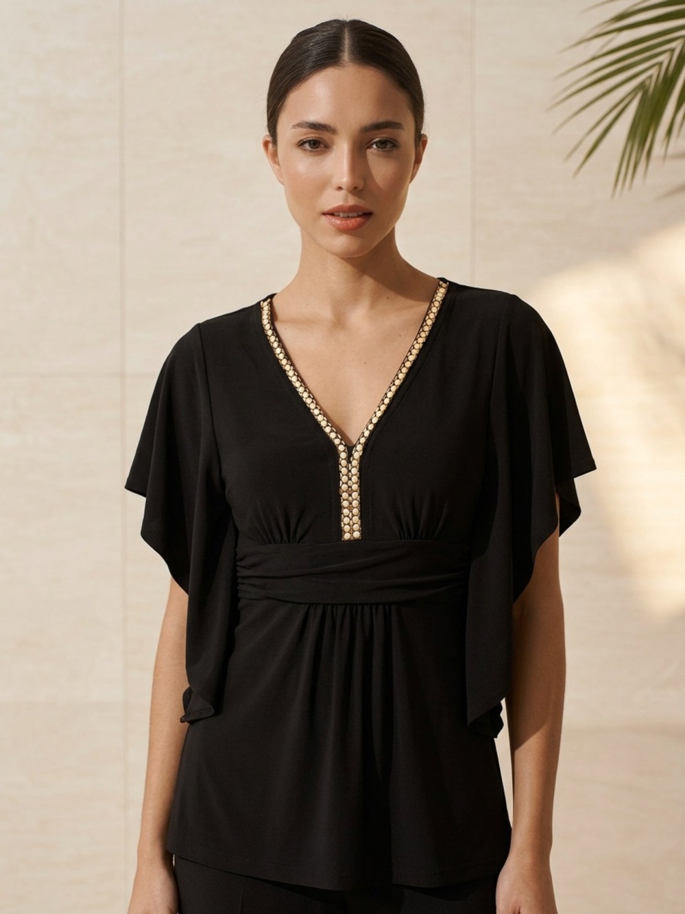 White House Black Market black women’s top Sz Small. Jewelled neckline, draped.